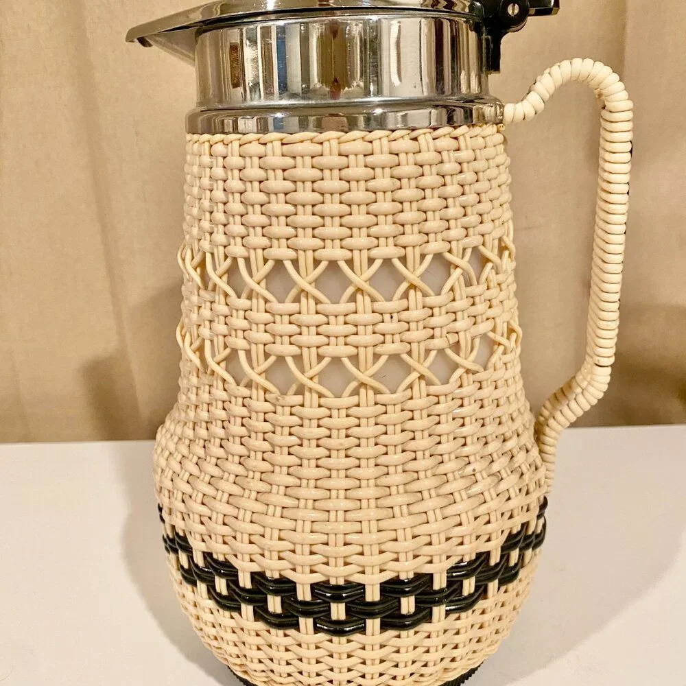 Vintage AB Termoverken Rattan Thermos Pitcher Sweden Cream & Black‎ MCM